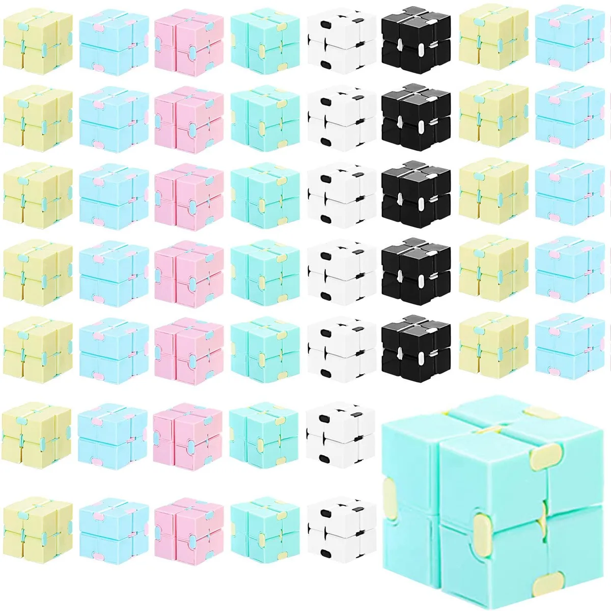 Forty-eight small plastic cubes in six pastel colours, each about 1.57 inches square