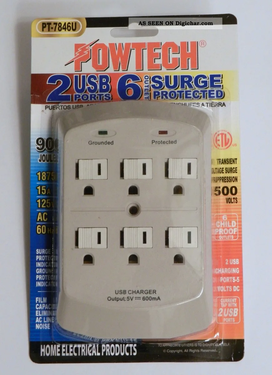 Trisonic Trisonic 6-outlet surge protector, white, 900 joules, 2 USB 3.1 A — product photo