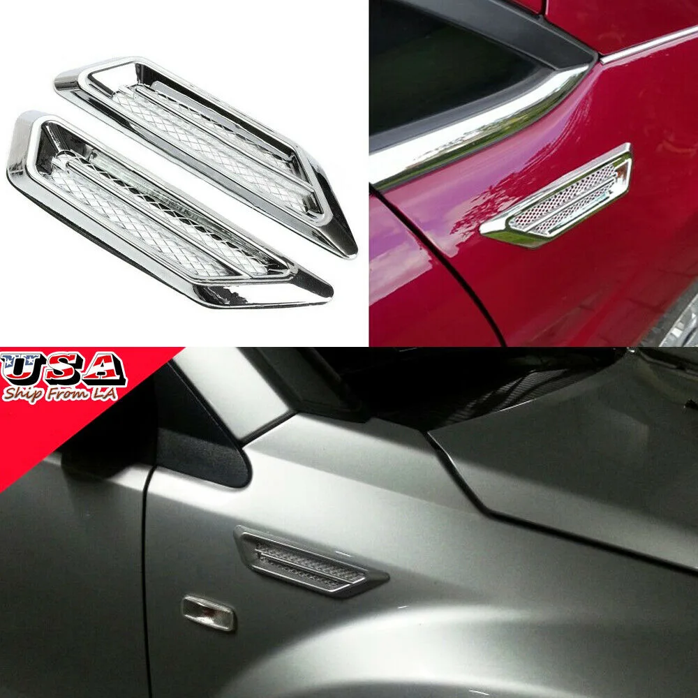 Pair of silver chrome ABS side vent stickers, 6.69 by 1.57 inches, self-adhesive, UV-protected coating