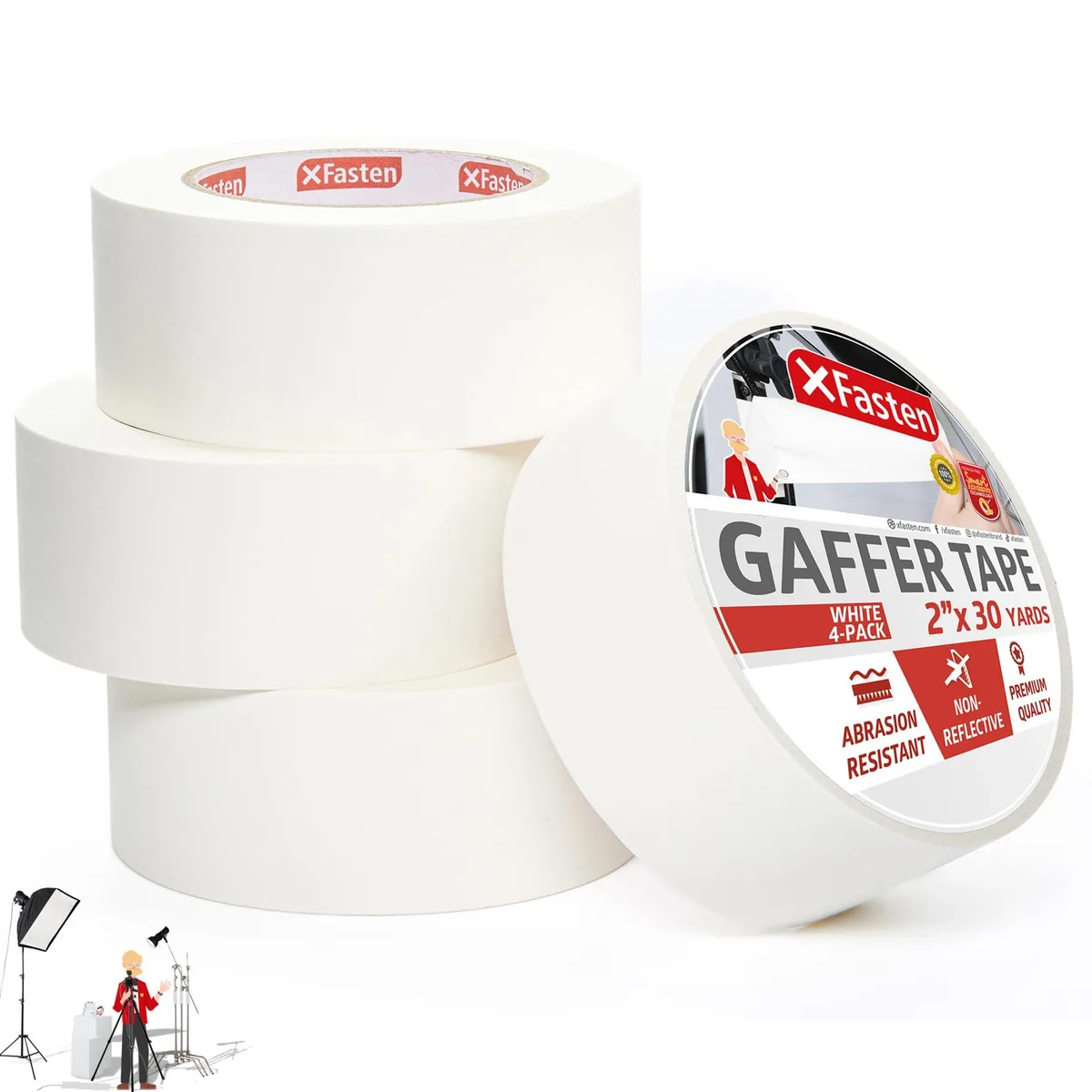  XFasten White Gaffer Tape 2 Inch x 30 Yards 4-Pack 360-feet Total — product photo