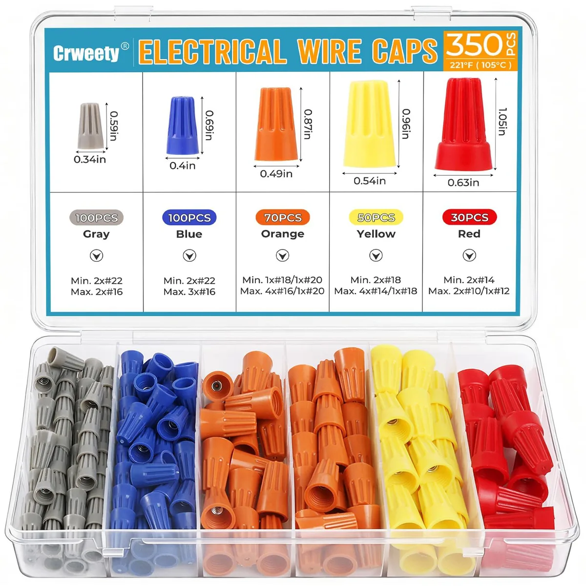 Clear plastic box holding 350 coloured wire connector nuts in grey, blue, orange, yellow and red