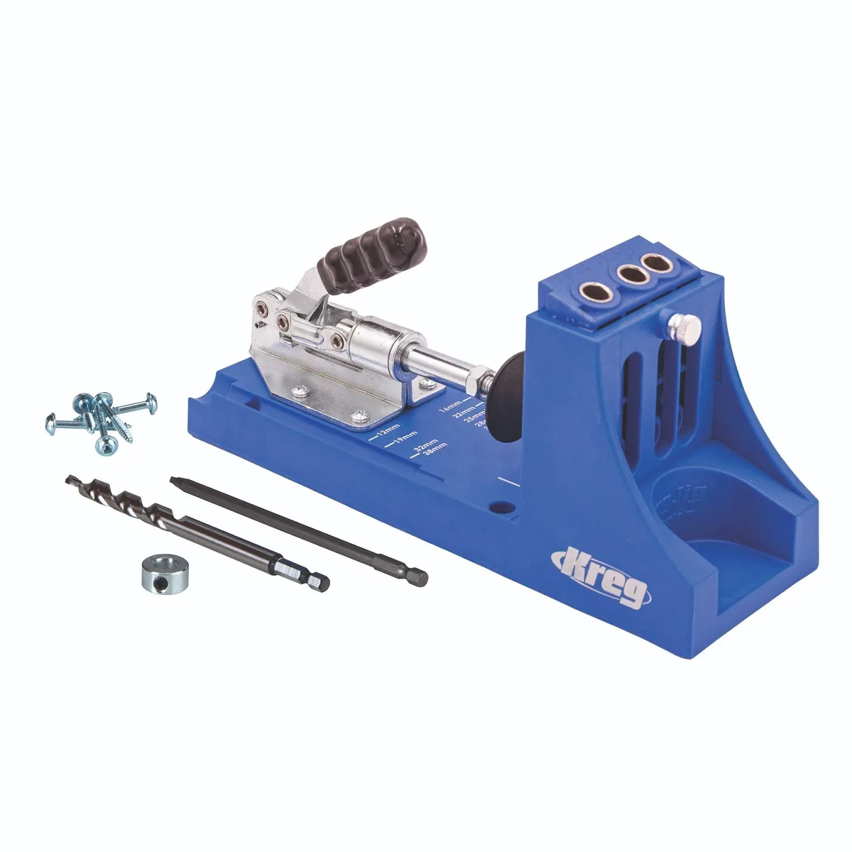 Black and blue Kreg K4 pocket hole jig with metal drill guide and clamping recess, 12 pack
