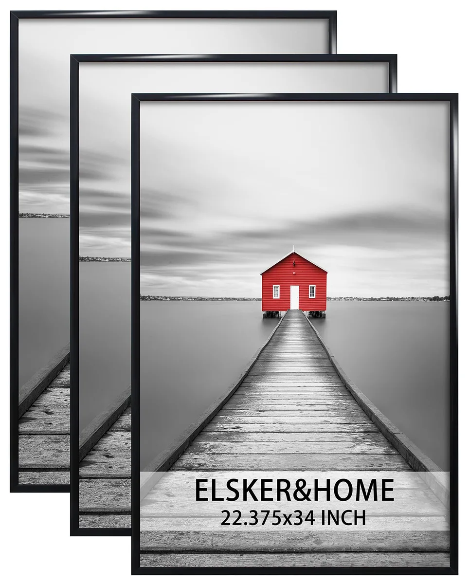 Three black plastic poster frames, 34 by 22.375 inches, slim profile