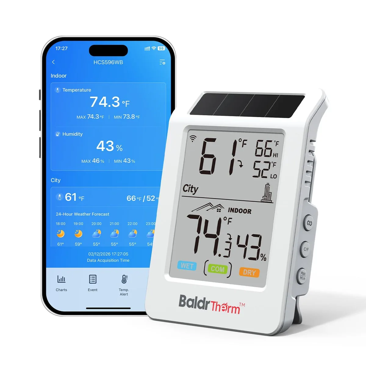 White rectangular thermometer hygrometer with 3.9 inch LCD screen and solar panel