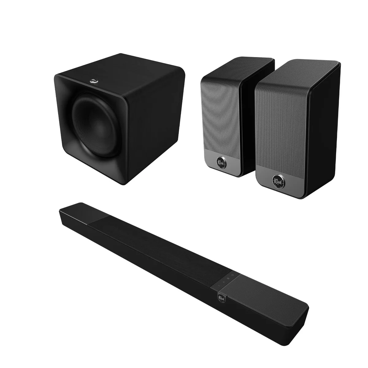 Black soundbar with wireless subwoofer and two surround speakers