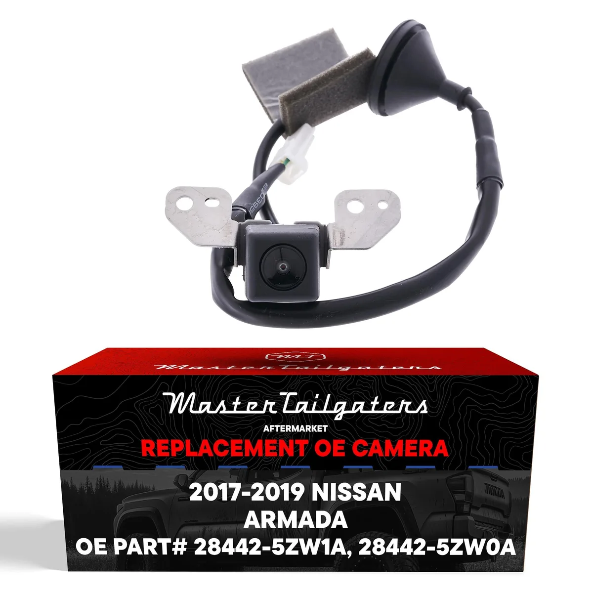 Small rectangular backup camera, black plastic housing, angled lens, wiring harness visible