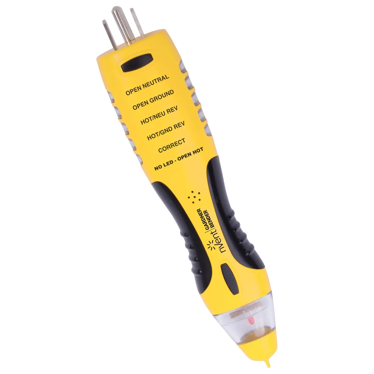 Compact dual tester with voltage tip and GFCI prongs, yellow polycarbonate body, rubber grips, 360° LED ring