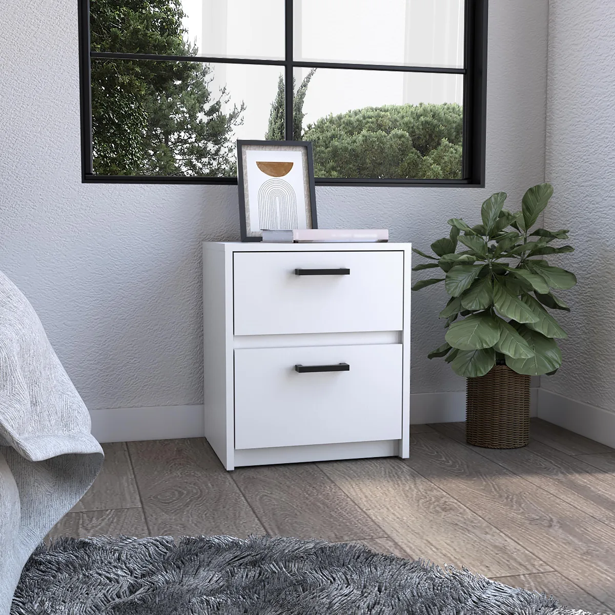 White particle-board nightstand 18 inches high with two drawers and metal handles
