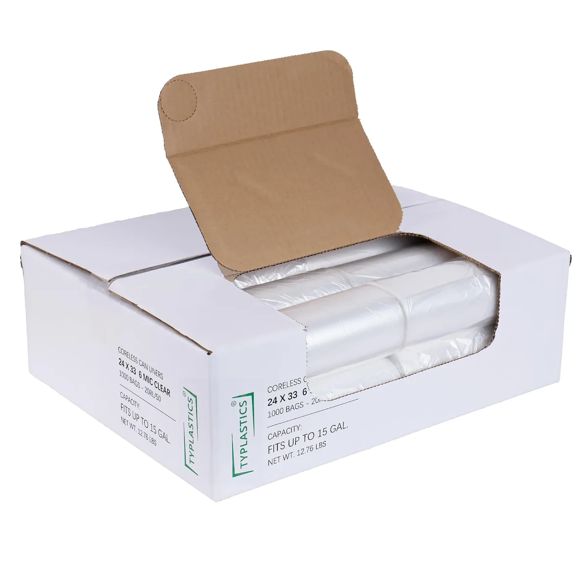 Box of 1000 clear high-density polyethylene bags on perforated coreless rolls