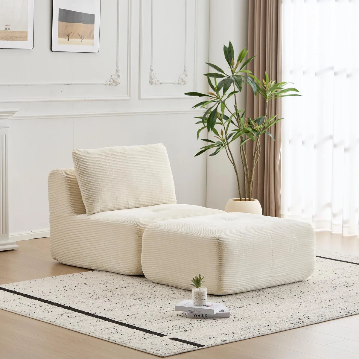 Beige corduroy single chaise longue with movable ottoman