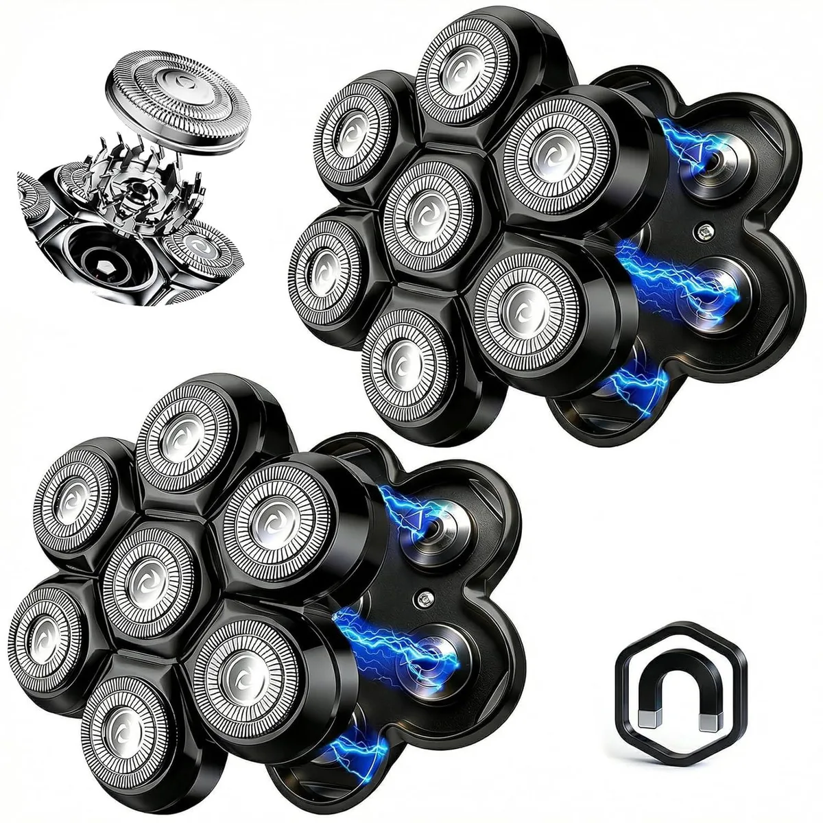 Two black seven-blade magnetic shaver heads side by side