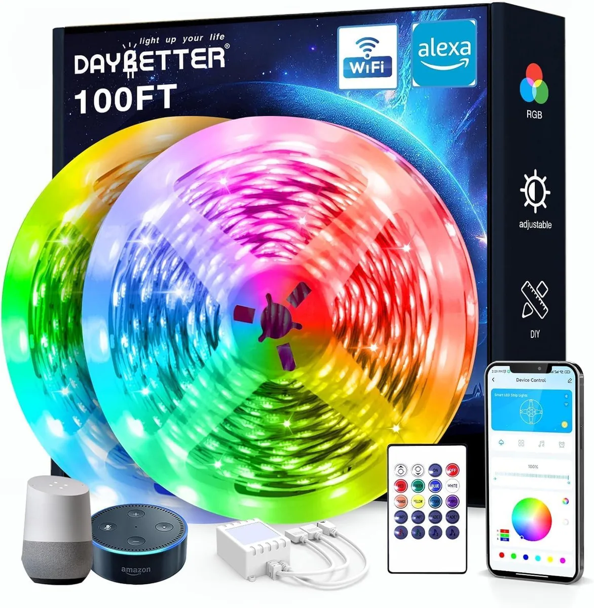 Two 50 ft white LED strip rolls with clear prismatic finish, power adapter, IR receiver and 20-key remote