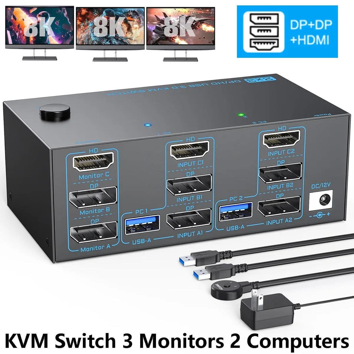 WRIARICH WRIARICH 203DH-Zhongxing 3-Monitor 2-PC KVM Switch (2 DP + 1 HDMI) — product photo