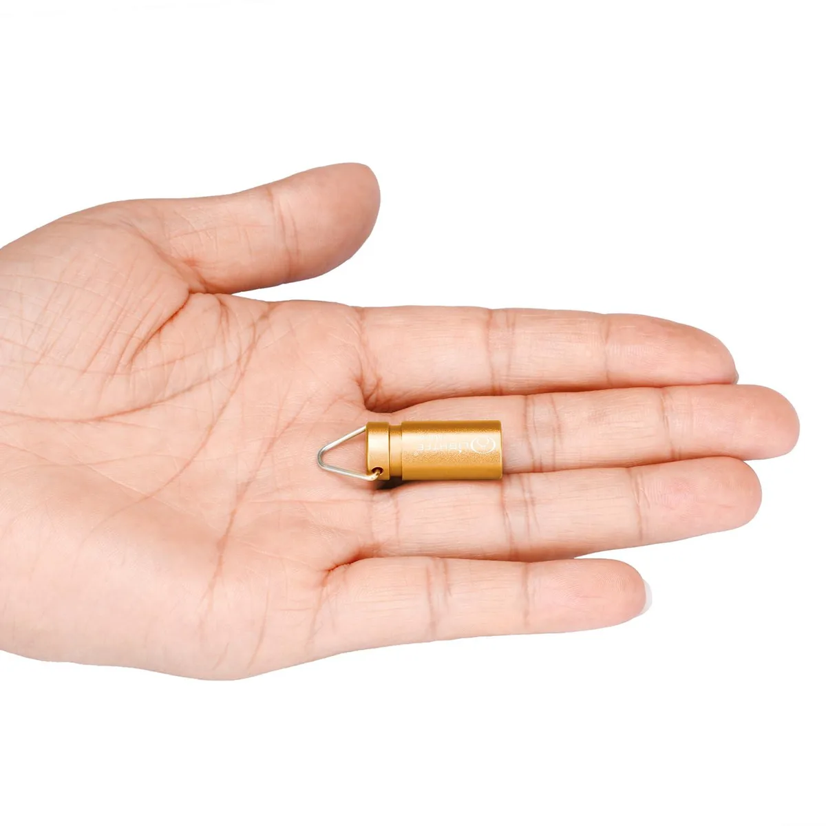 Gold cylindrical keychain flashlight, aerospace aluminium, hard-anodised finish, 25 mm long, 11.5 mm diameter