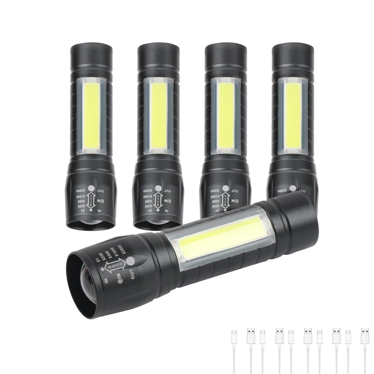 Five small cylindrical aluminium flashlights with USB-C ports lying side by side