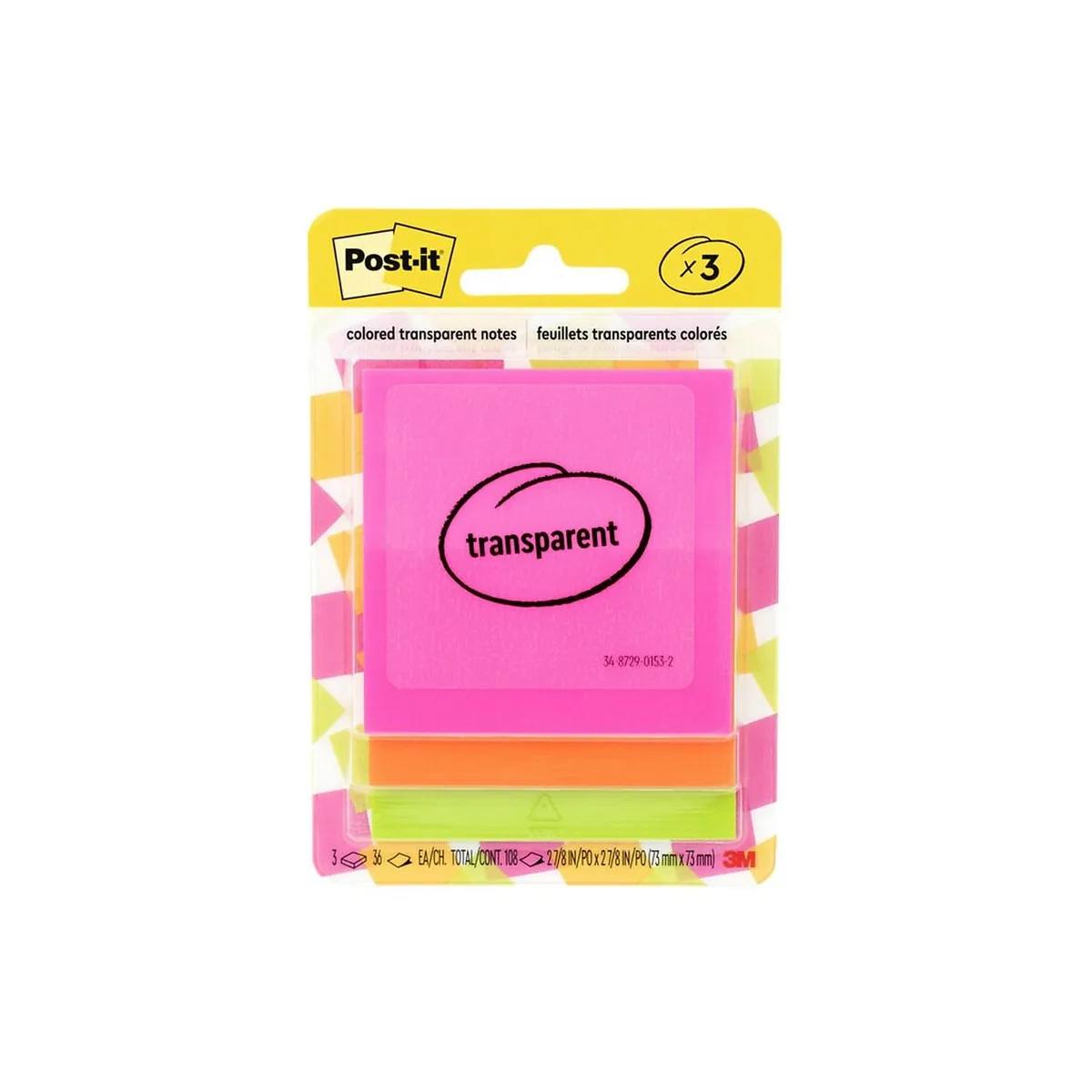 3M 3M Post-it Transparent Sticky Notes 2.8" x 2.8" Assorted Pink Green Orange 3 Pads 36 Sheets — product photo