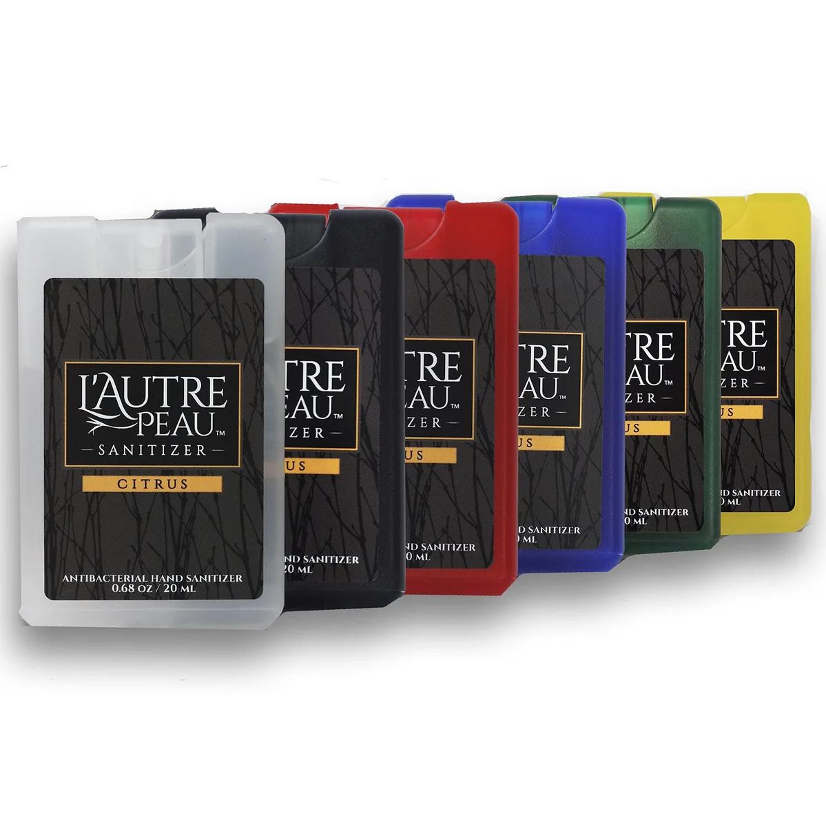 Six flat credit-card shaped 20 ml citrus sanitizer sprays in frosted black red blue green yellow