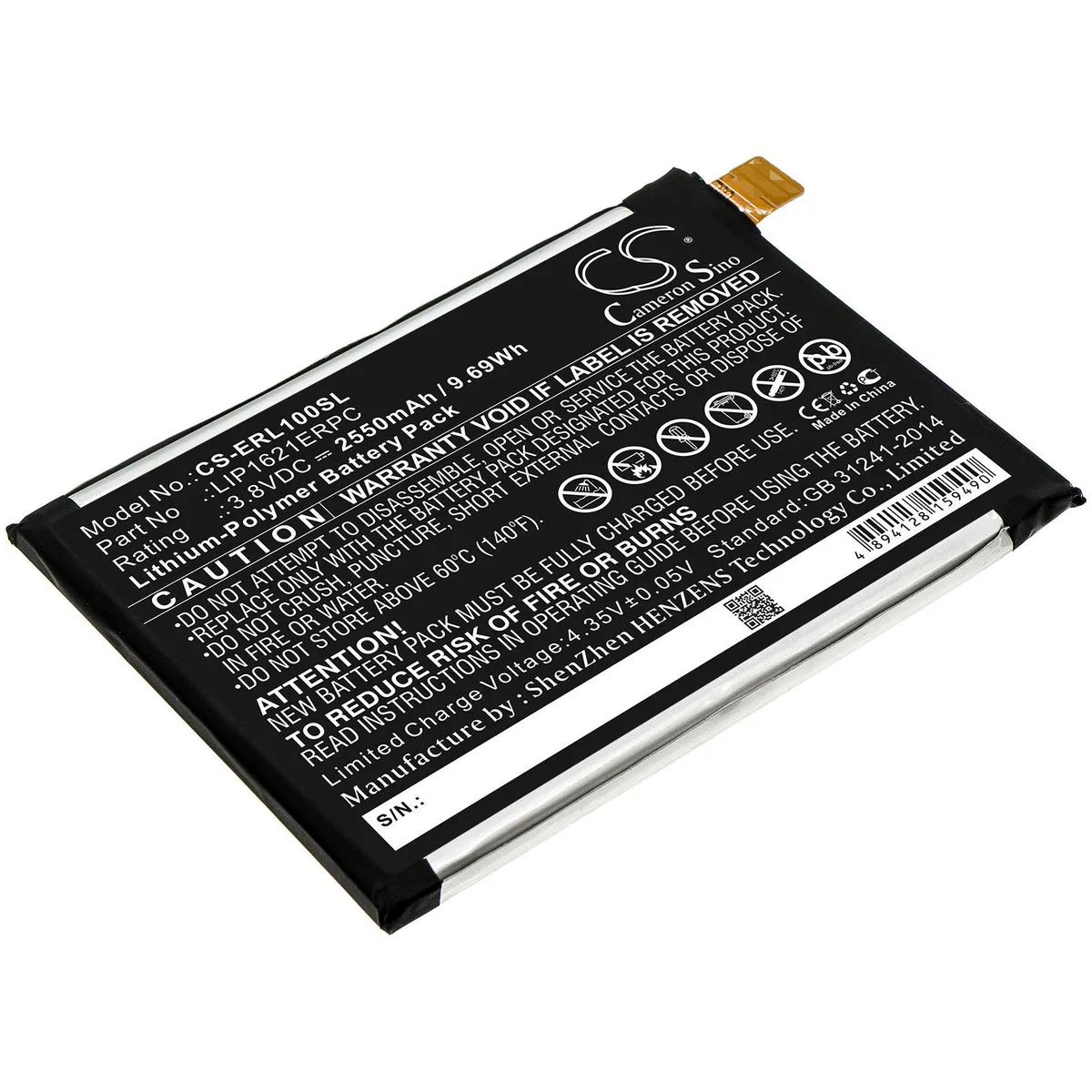 Rectangular grey lithium-ion battery with gold contacts and Cameron Sino label
