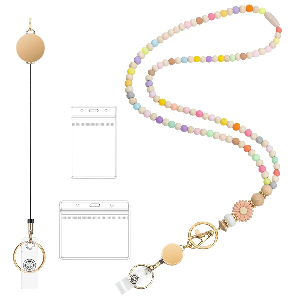 Pink wooden beaded lanyard set with retractable reel and ID holders