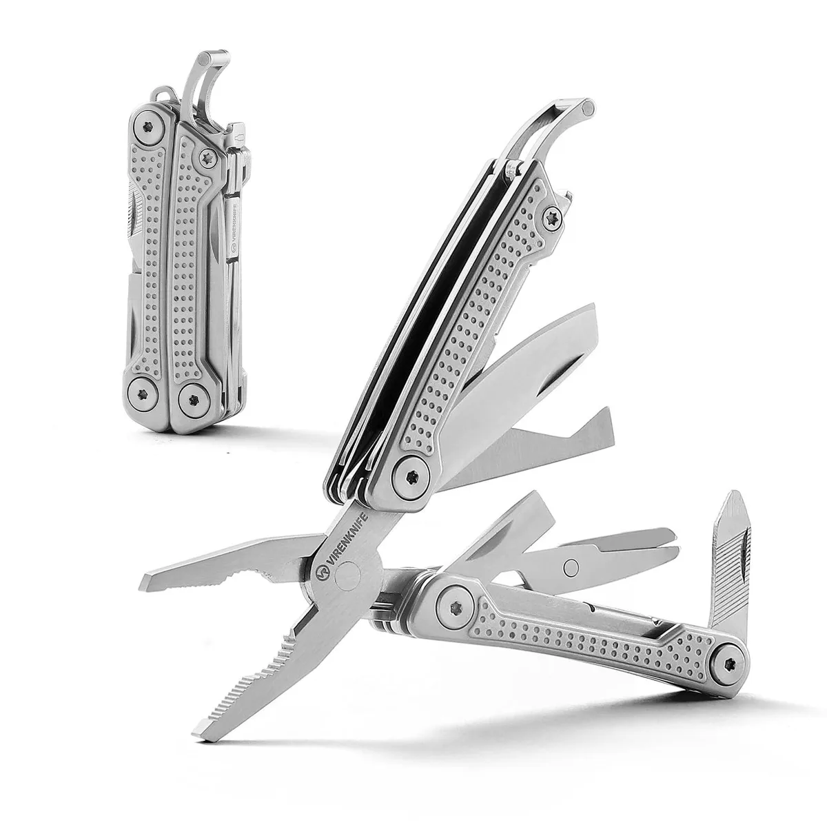 Compact silver stainless steel multitool pliers folded closed, 2.75 inches long with key ring attached