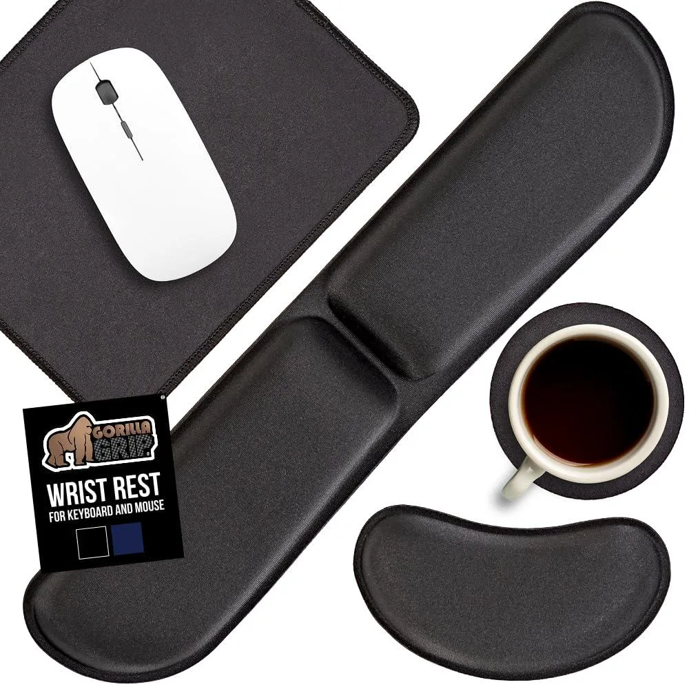 Black memory foam wrist rest set with spandex surface, keyboard rest, mouse pad, wrist pad and coaster