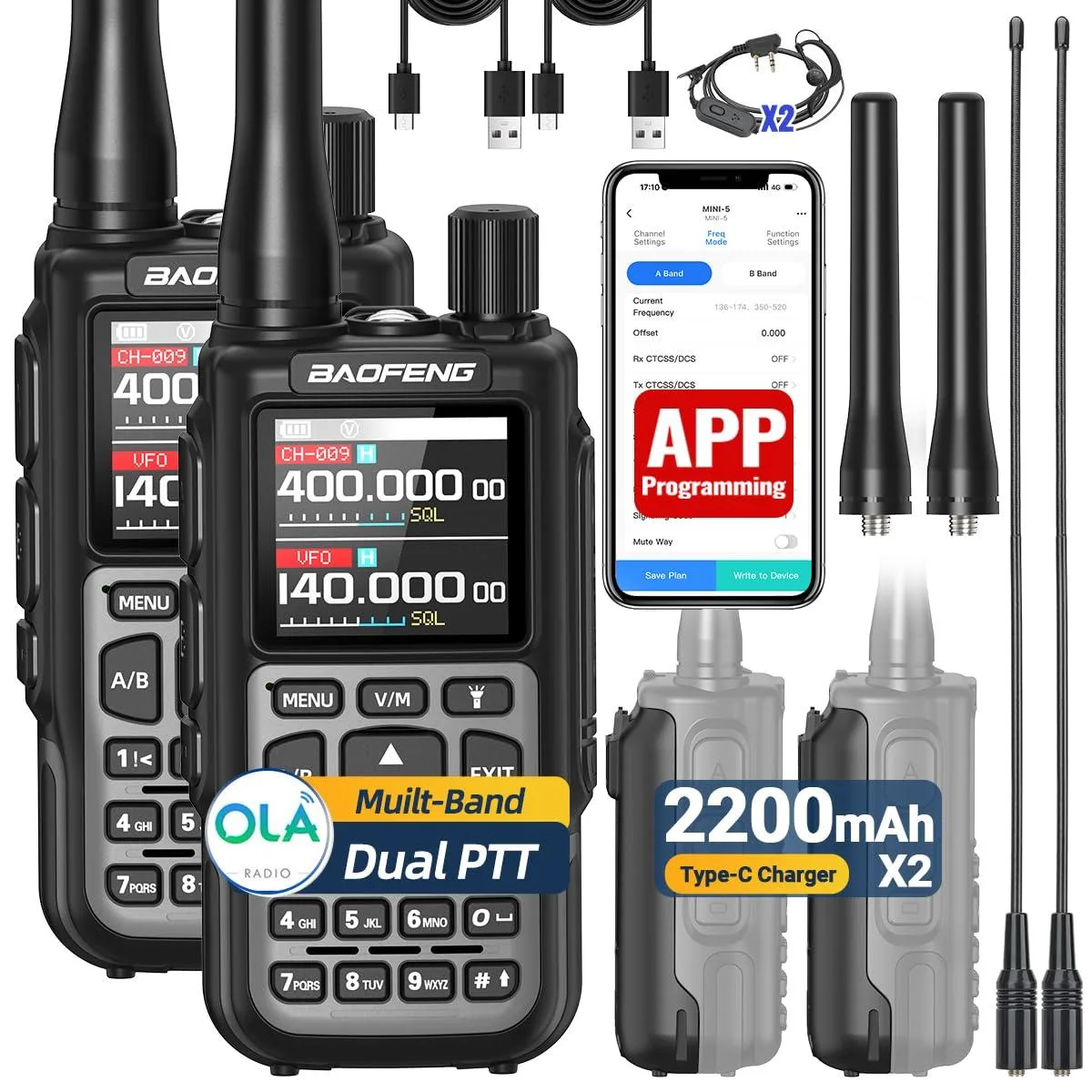 Two grey handheld radios with antennas belt clips and USB-C cables