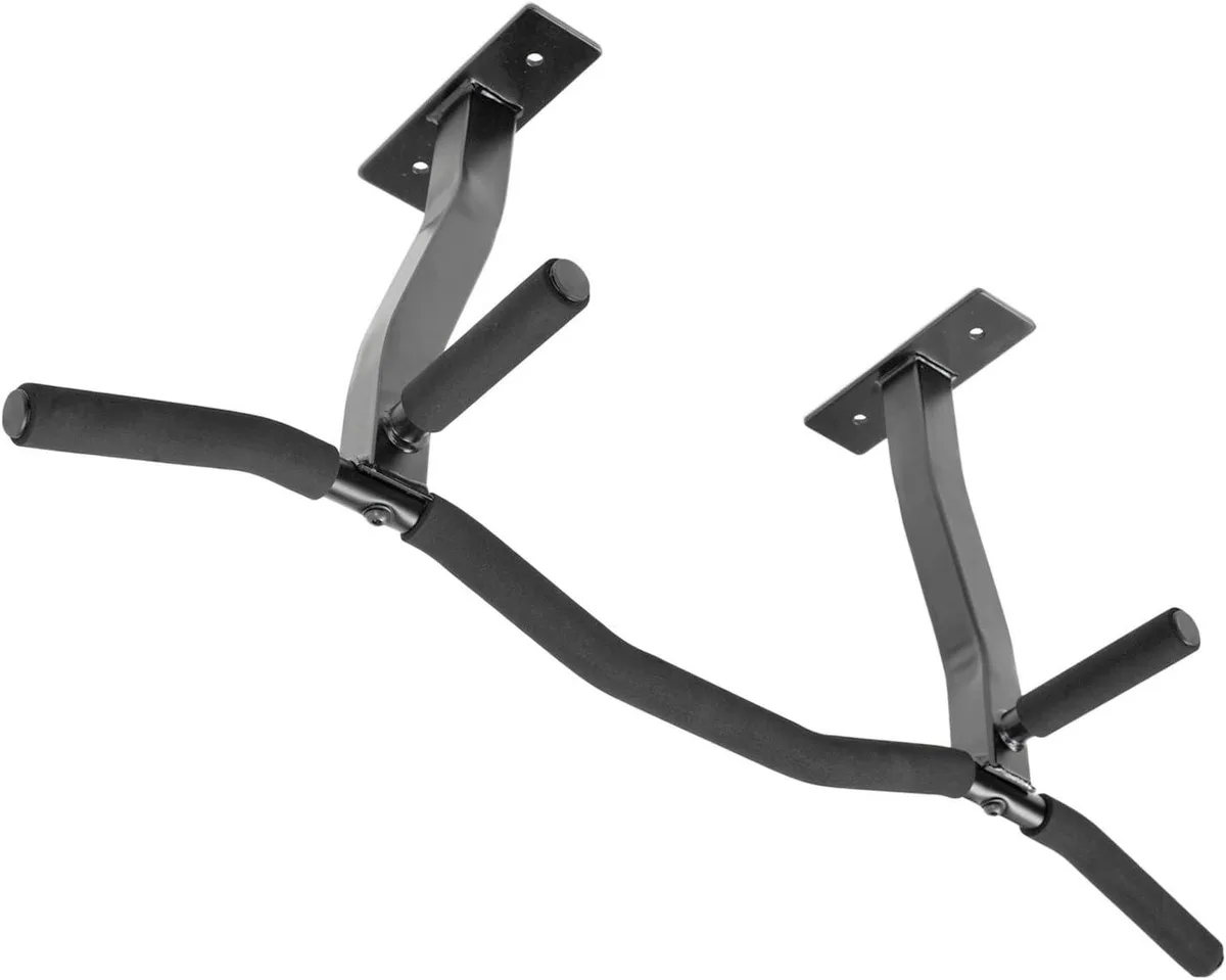 Black ceiling-mounted pull-up bar with angled foam grips and dual-position risers