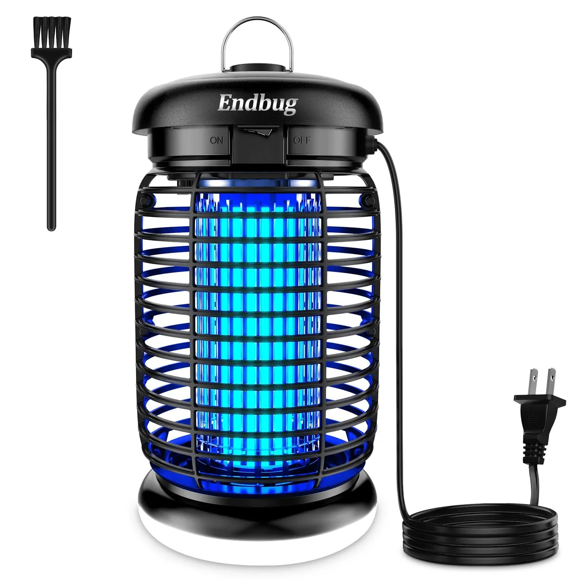 White cylindrical bug zapper with LED light base, hanging hook and 1.5 m power cord