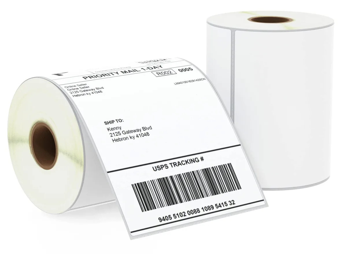 Two white thermal label rolls on perforated backing, 4 by 6 inches each