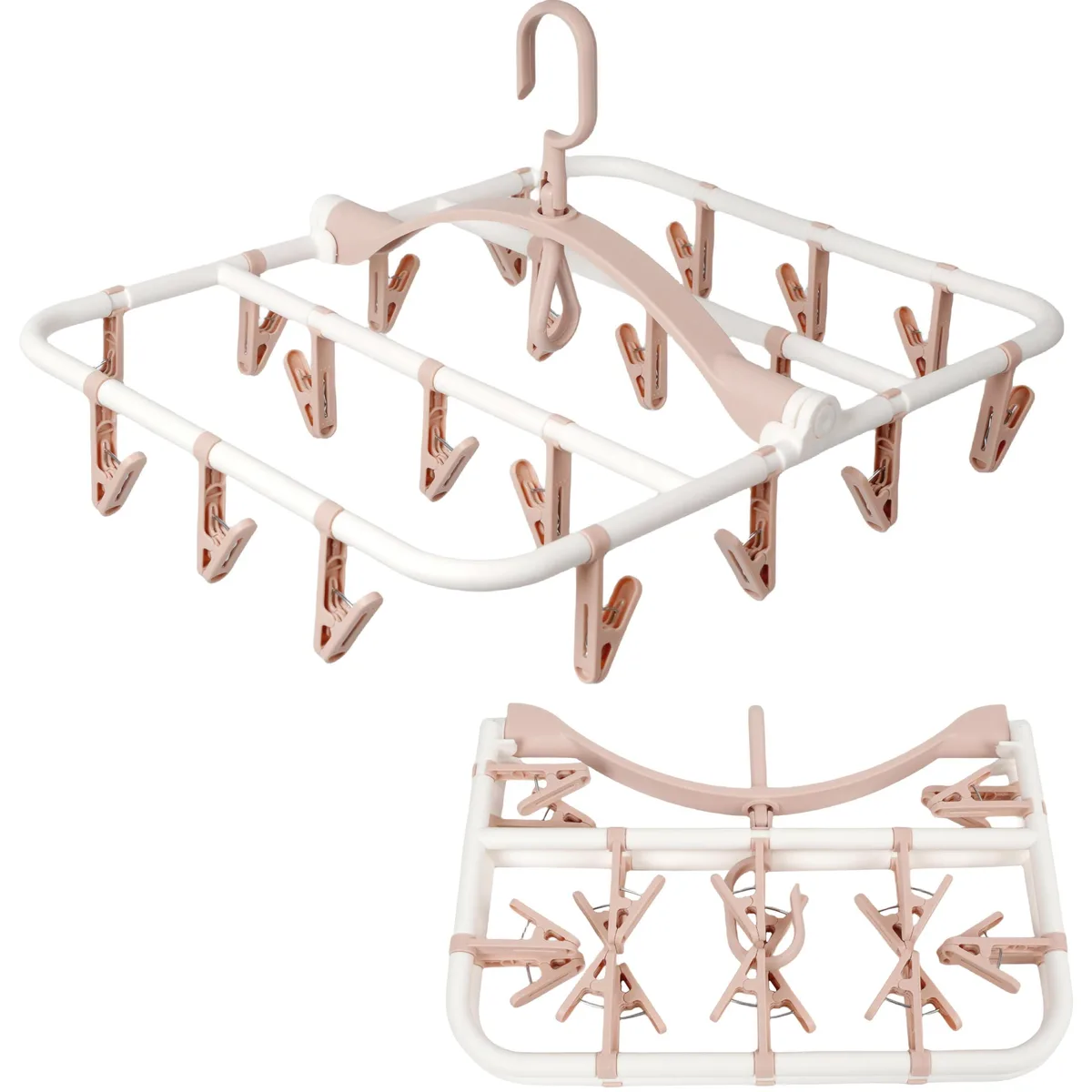 Light pink foldable drying rack with 20 clips, 17 by 13.4 inches, 360 swivel hook