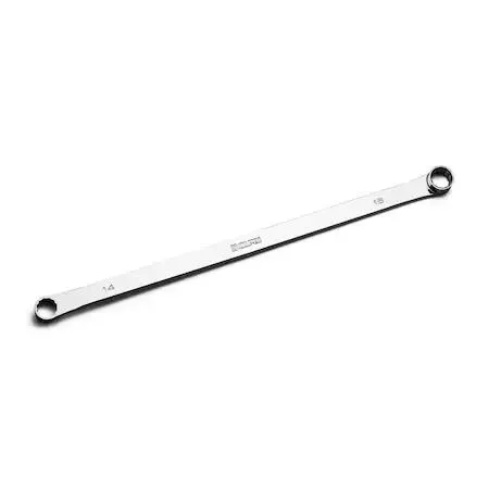 Polished chrome 14 mm by 15 mm extra-long box-end wrench with straight handles
