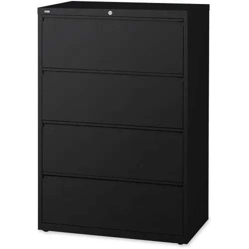 Black four-drawer lateral file cabinet, rectangular steel form, matte finish