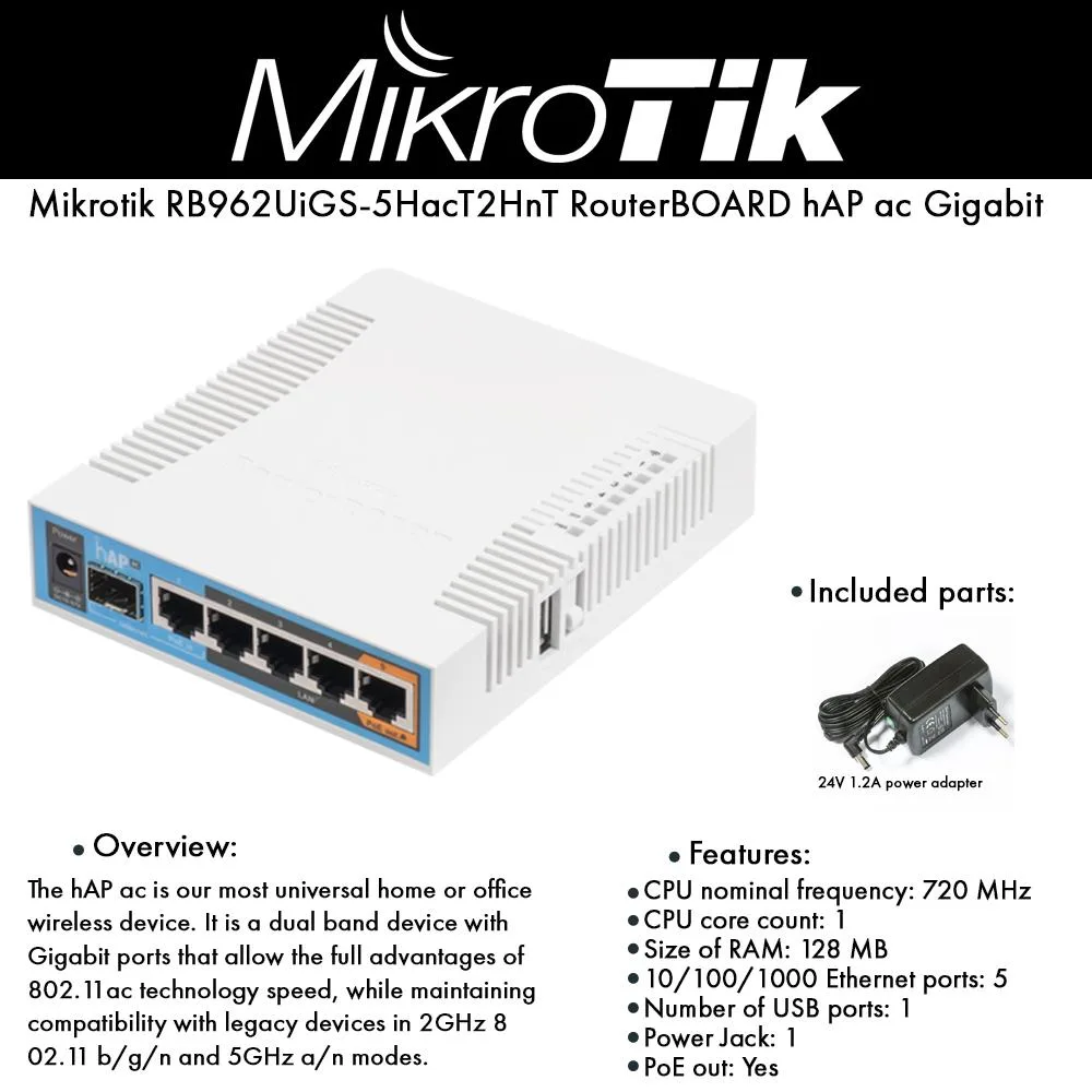 Mikrotik Mikrotik hAP ac RB962UIGS-5HACT2HNT 128MB 720MHz access point — product photo