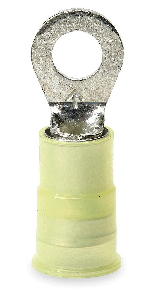 Yellow nylon insulated ring terminal with tin-plated copper barrel and #8 stud hole
