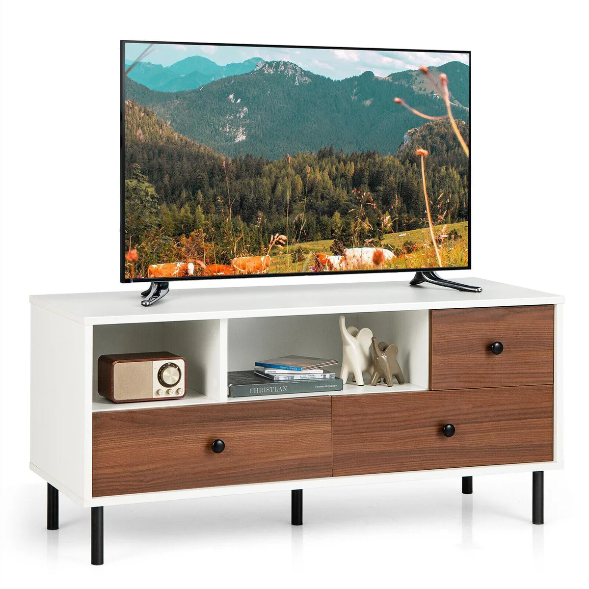 SlickBlue SlickBlue Mid-Century TV Stand 50" White 2 Cubbies 3 Drawers — product photo