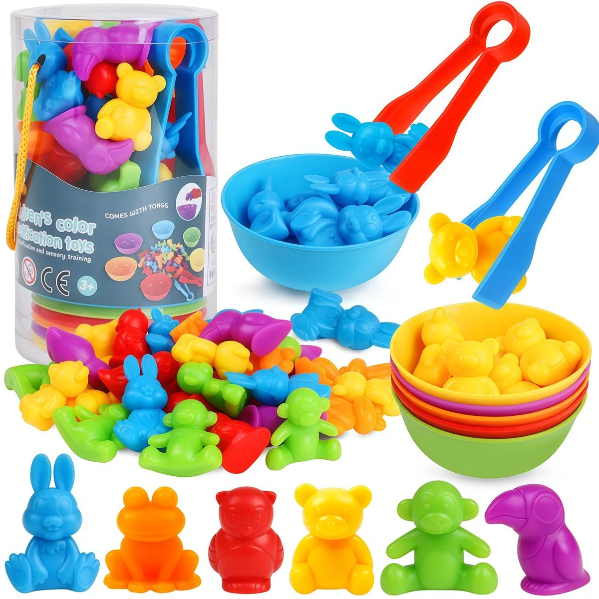Colorful plastic animals with six sorting bowls and tweezers in a storage box