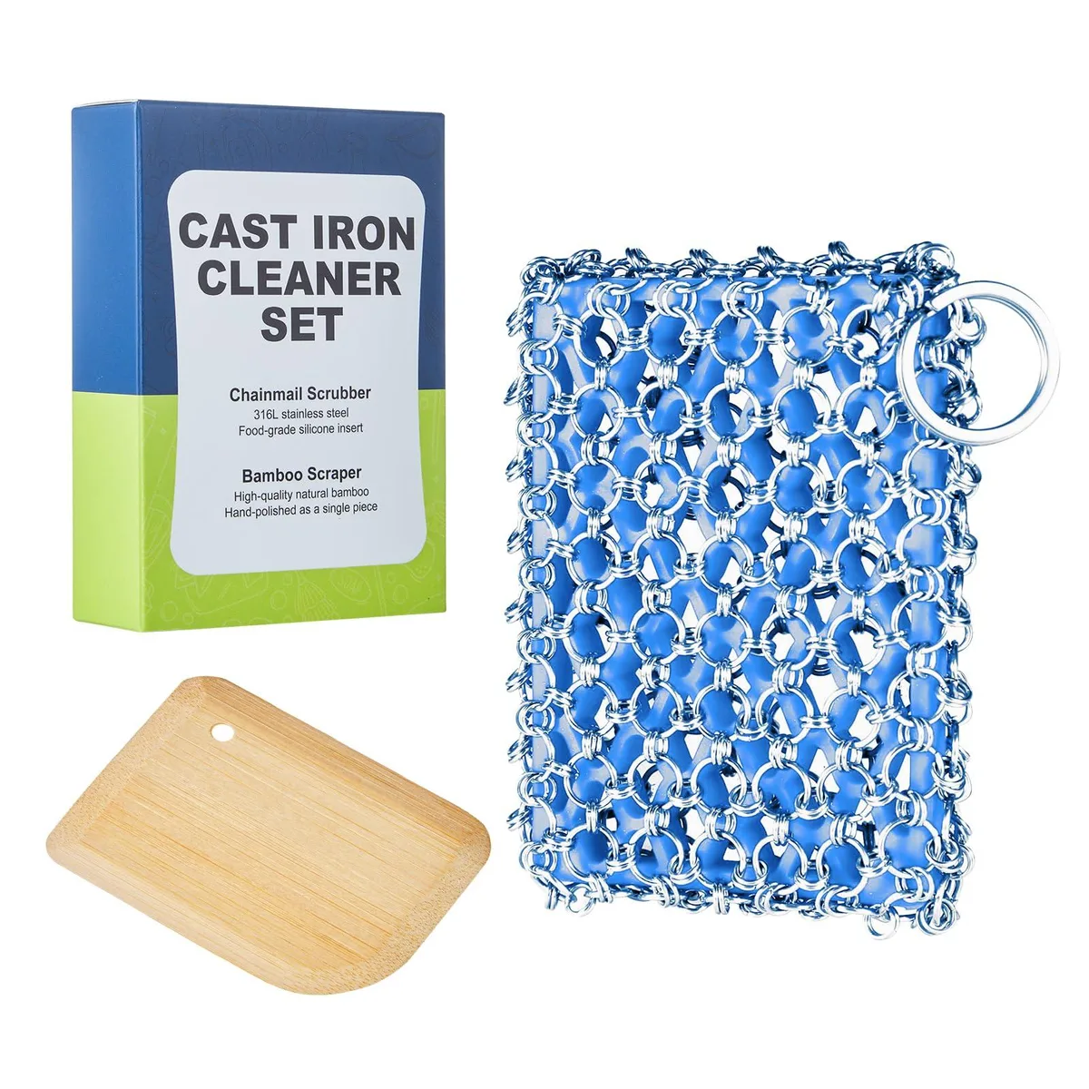 Chainmail scrubber with silicone core and bamboo scraper