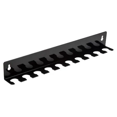 Black powder-coated metal wall-mounted rack with ten shaped cutouts for tools
