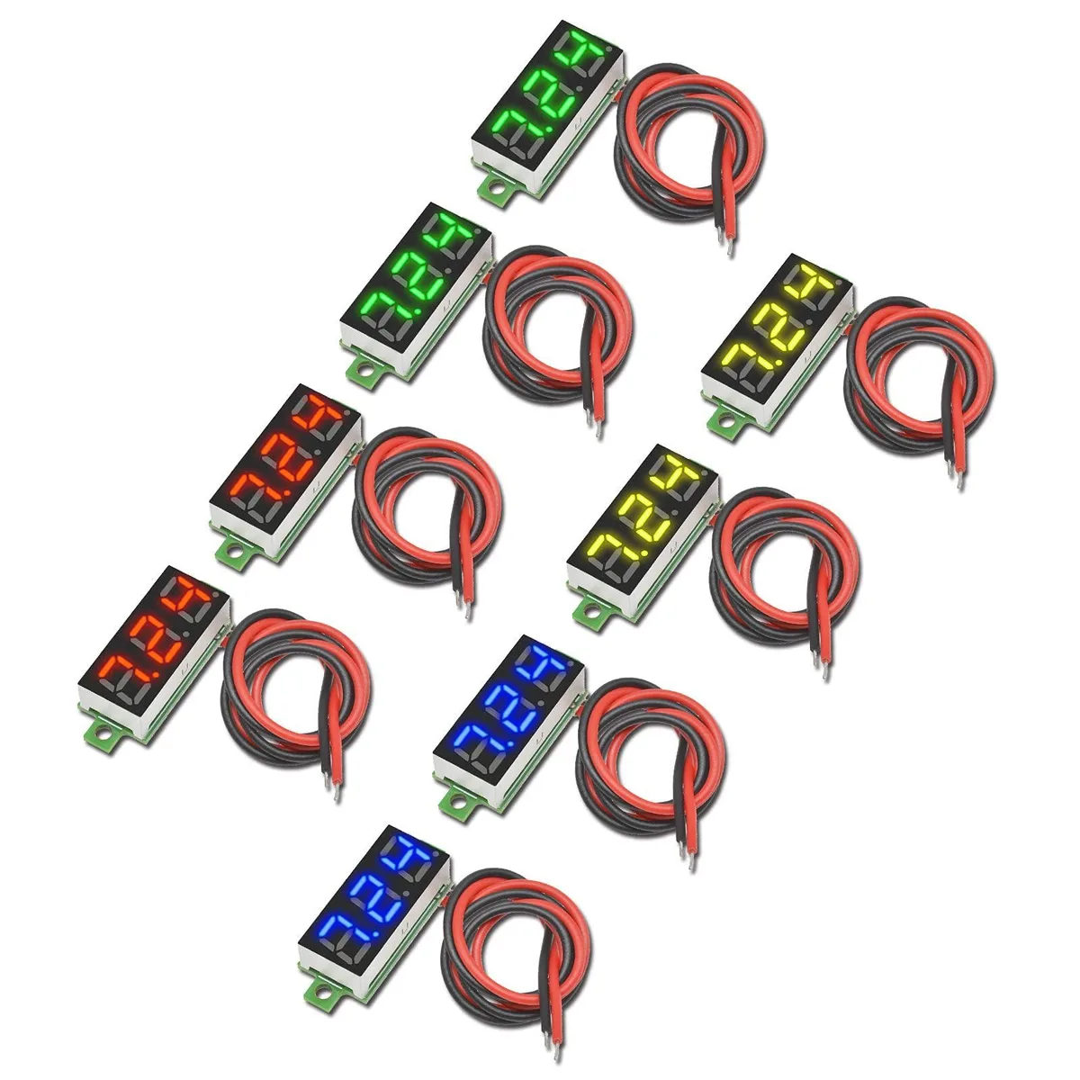 Eight mini digital voltmeters with 0.28 inch LED displays in blue yellow red green