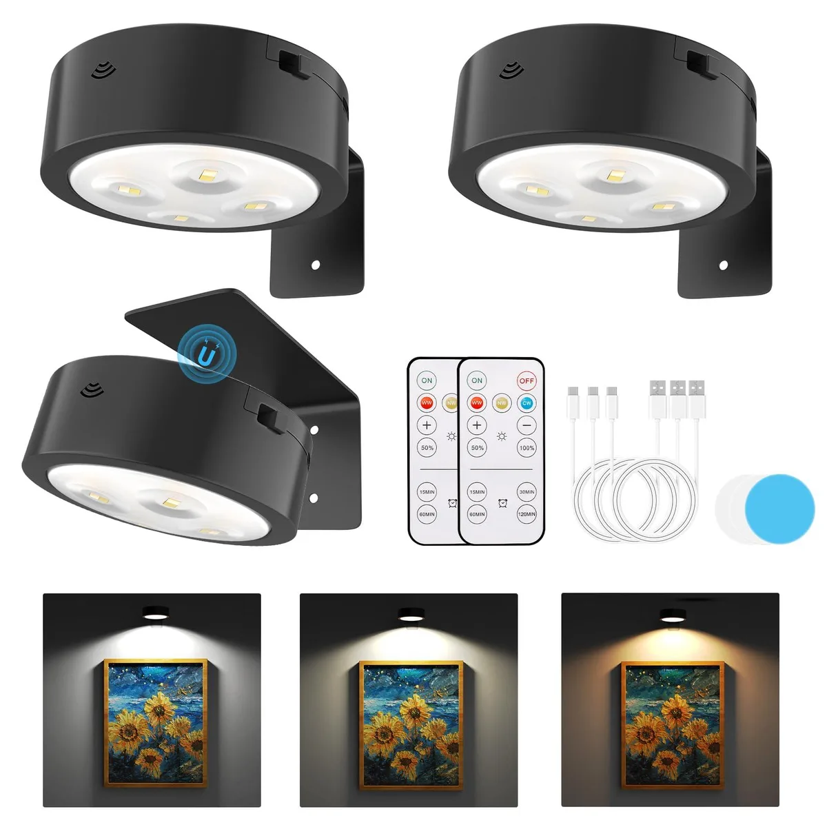 Three black rectangular LED picture lights with magnetic mounting, shown as a three-pack