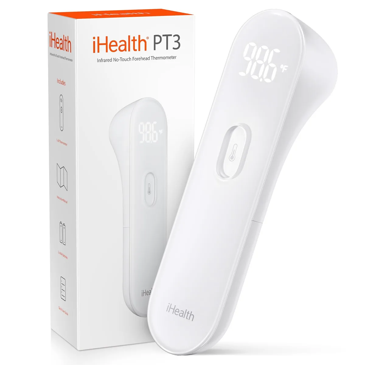 White handheld infrared thermometer with large LED display