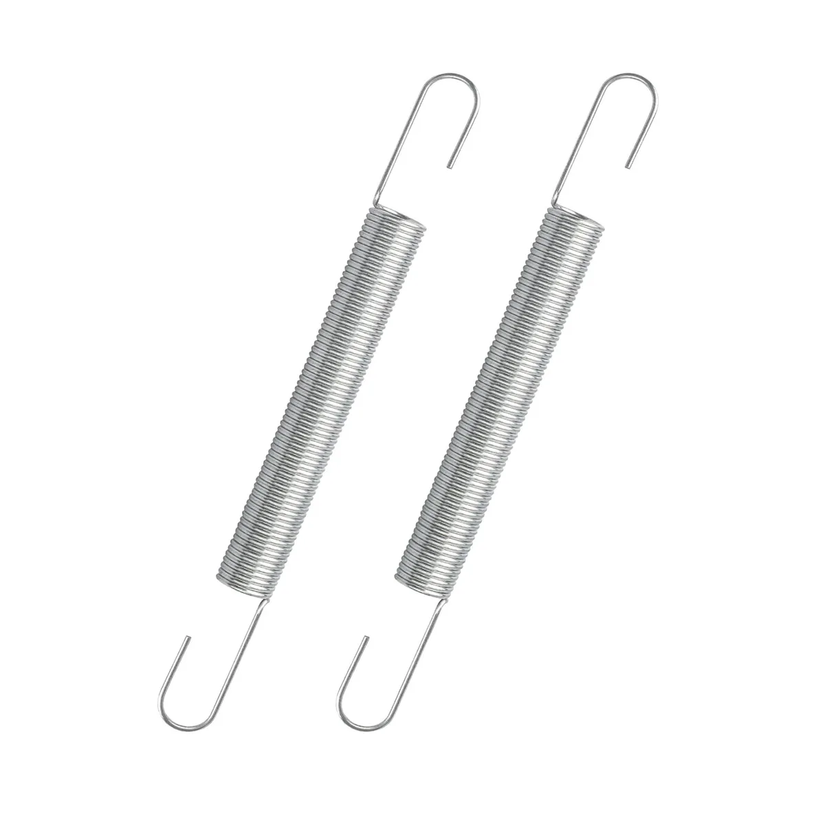 Two 4 inch double-hook tension springs, spring steel finish