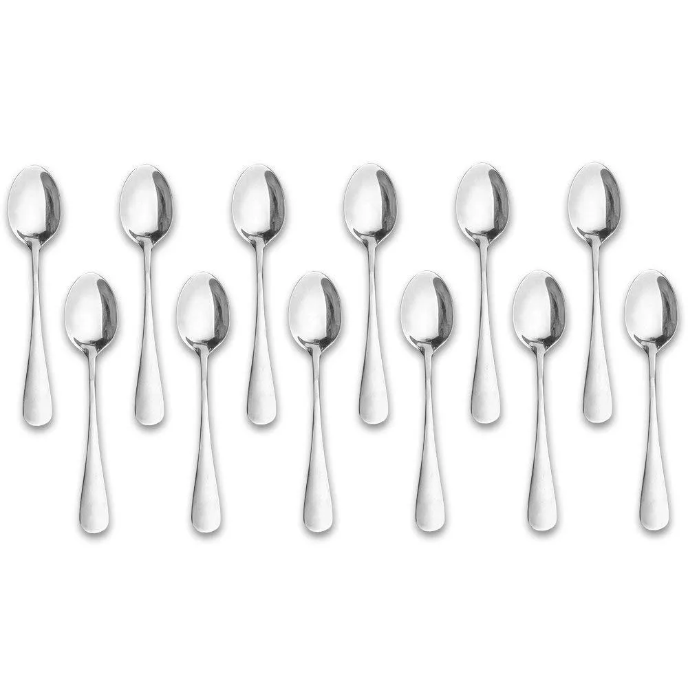Twelve small silver stainless steel espresso spoons with polished finish