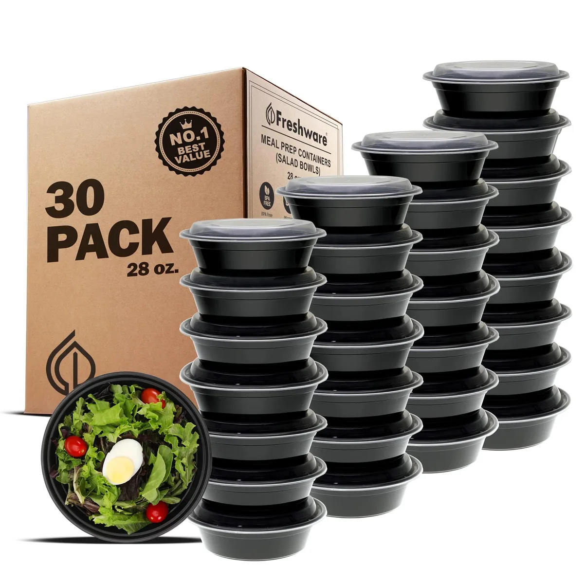 Stack of 30 black 28 oz plastic food storage bowls with matching lids