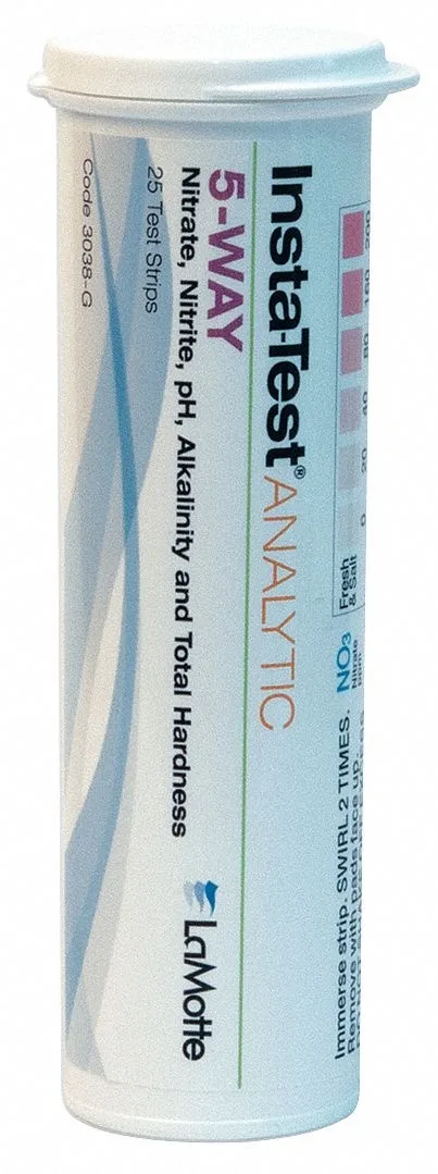 Lamotte 3038-G 5-in-1 test strips in a bottle, 25 strips with color chart label