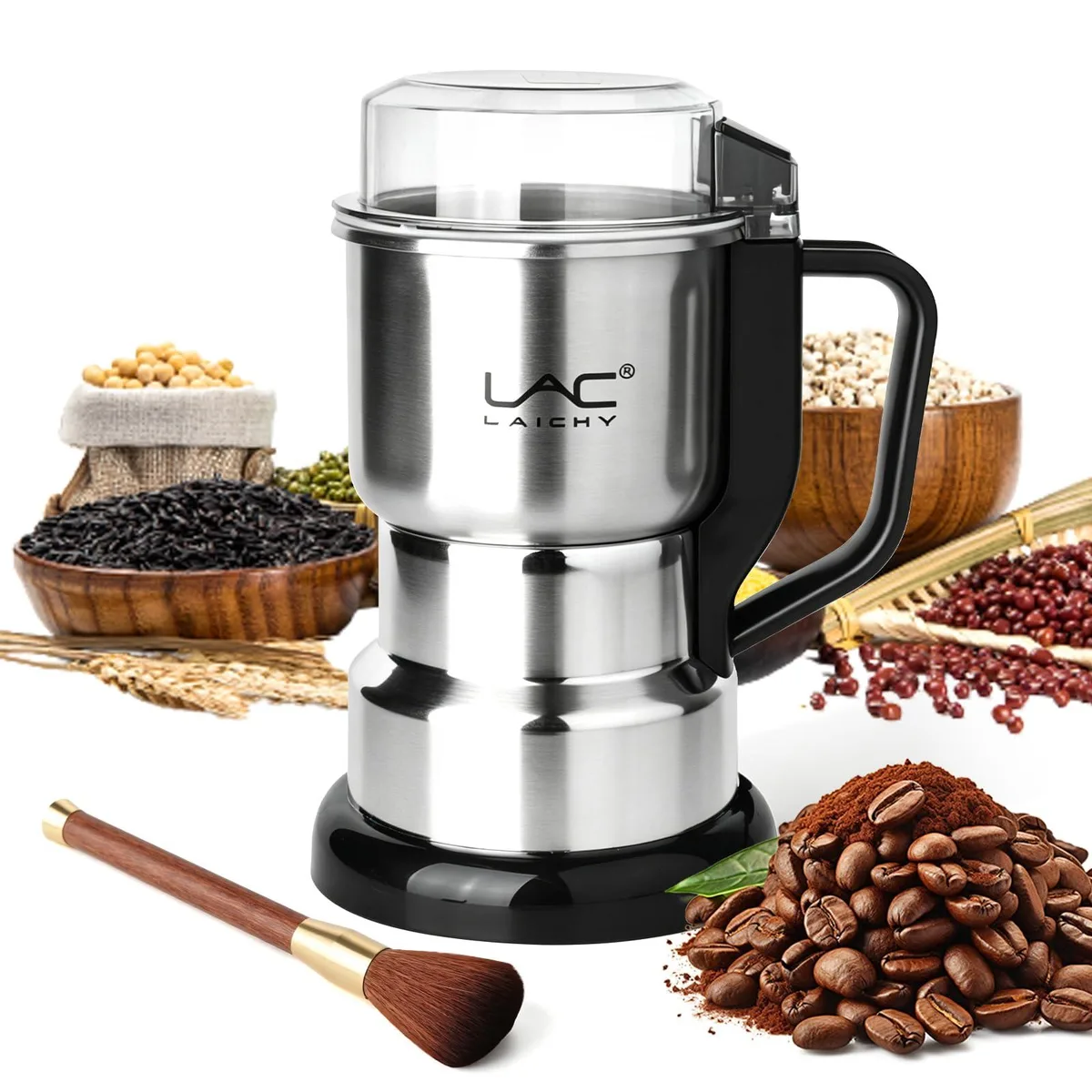 Silver compact blade coffee grinder with top button and cleaning brush