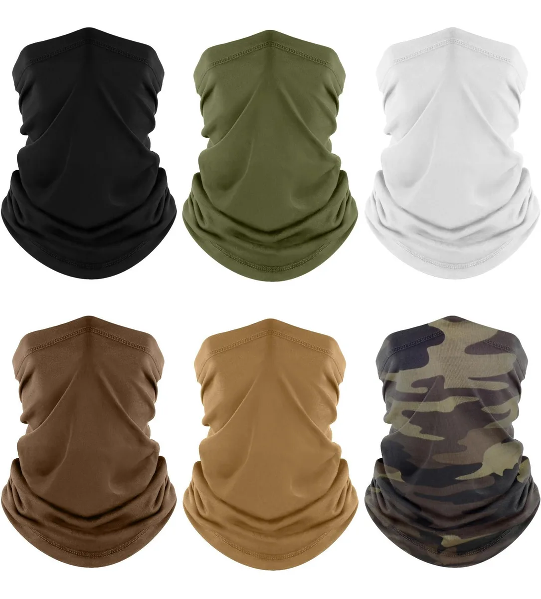 Six rolled fabric tubes in black, green, camouflage, sand, brown and white