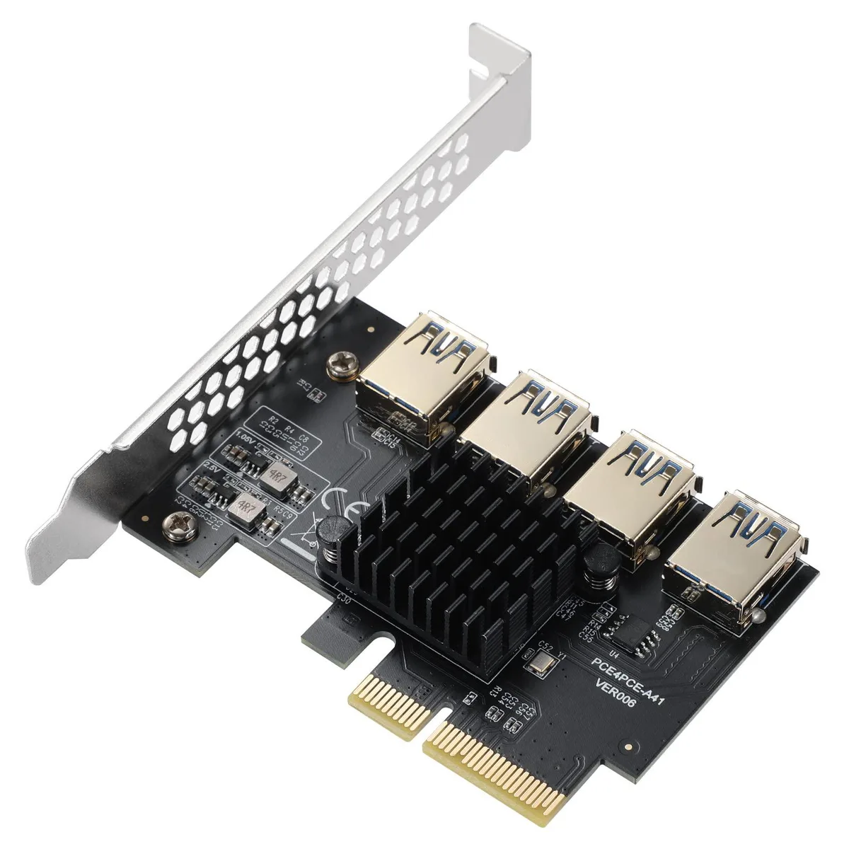 Green circuit board with one PCIe x4 edge connector and four gold USB ports