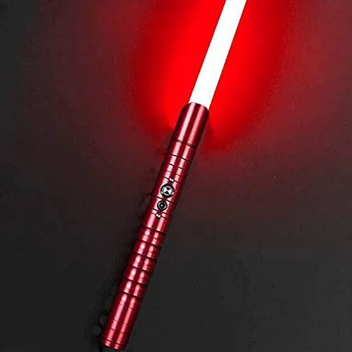 Red metal lightsaber hilt with detachable blade and USB charging cable