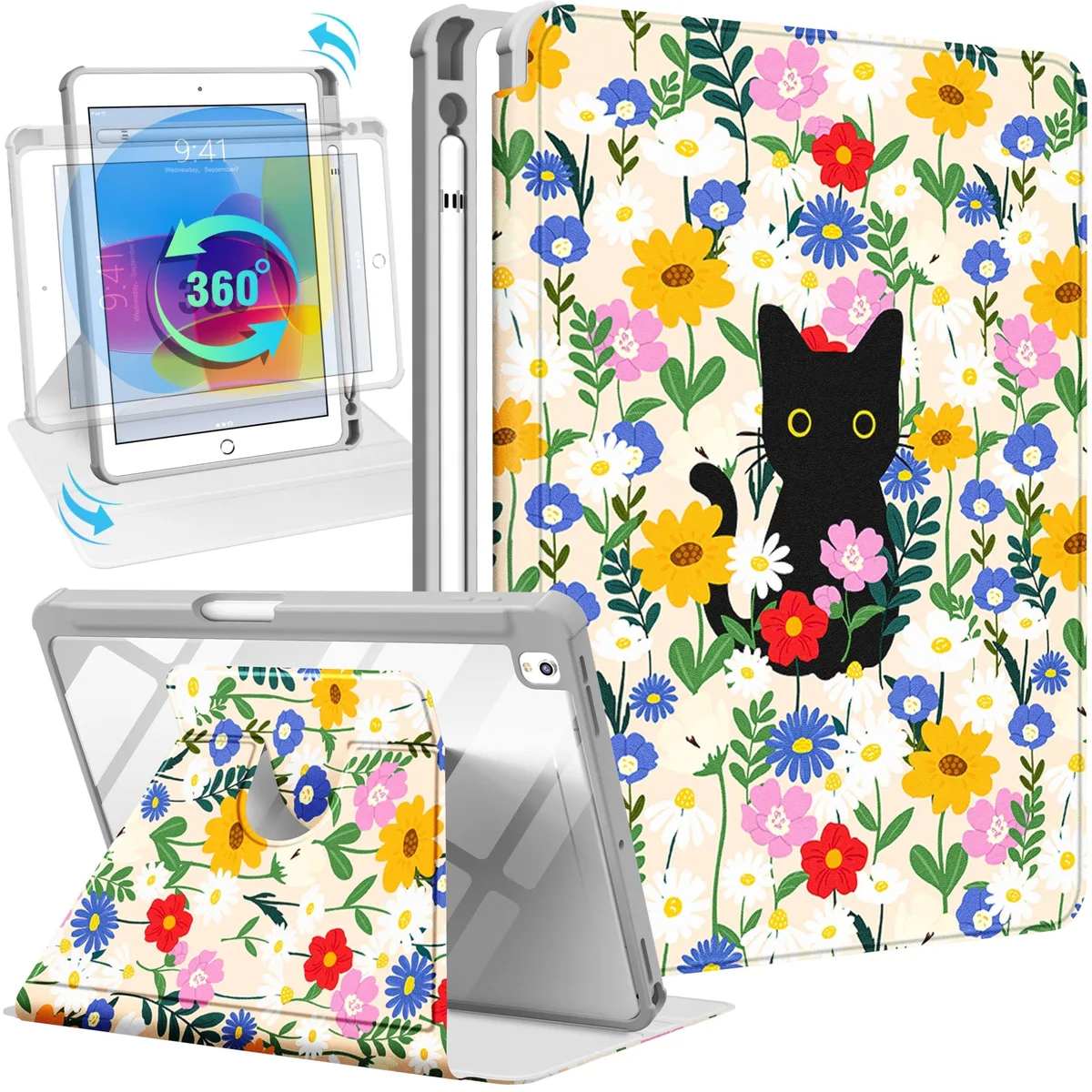 Batianda Batianda 360 Rotating Stand Folio Smart Cover with Pencil Holder Cat &amp; Flowers 10.2 inch 2 in 1 accessory — product photo